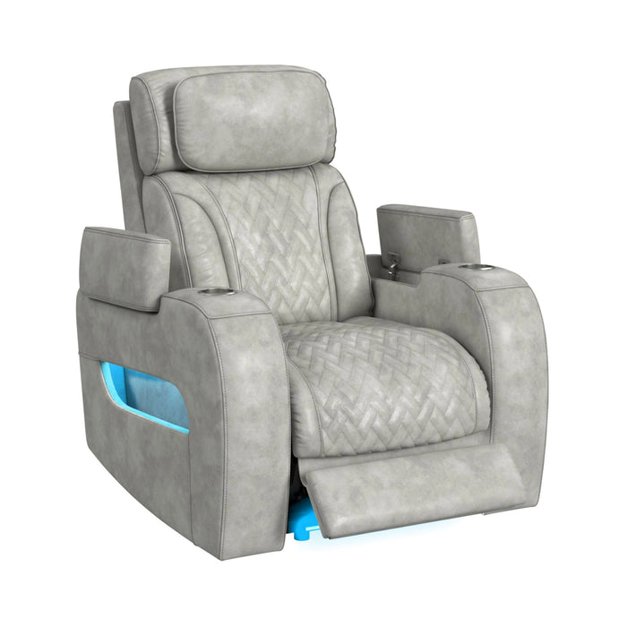 Prime Time P3 Recliner with 7 Colors LED, Cup Holders and Wireless Charger Controller in Leather Gel Light Grey