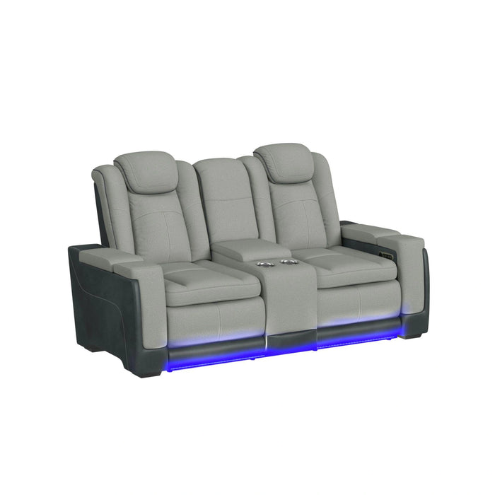Lantana Power Motion Loveseat with Power Headrest, Led, and Console in Rocky Cement/Charcoal