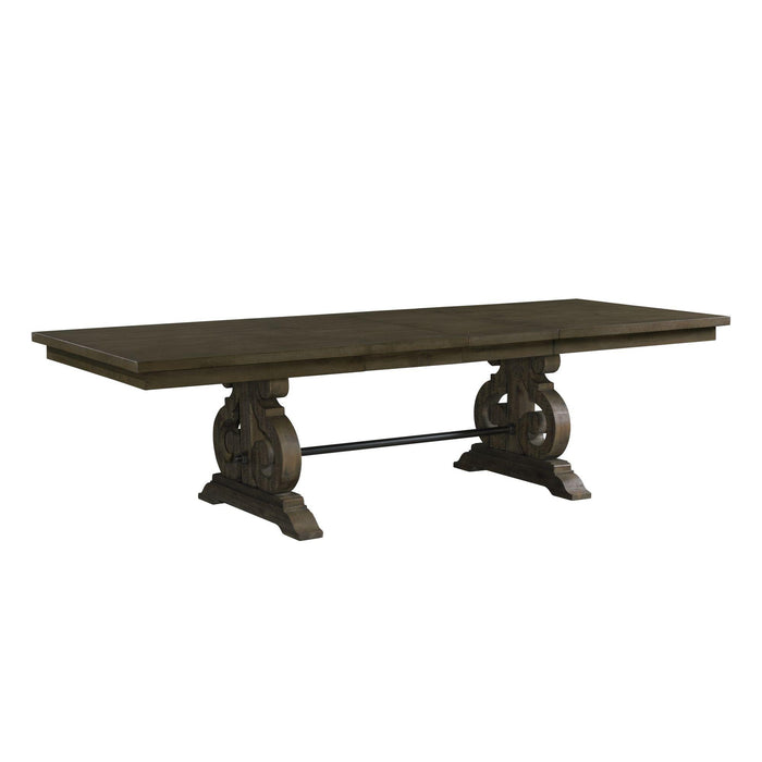 Stone 6PC Dining Set in Charcoal - Table, 4 Wooden Swril Back Side Chairs, & Pew Bench