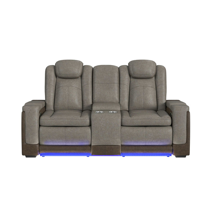 Lantana Power Motion Loveseat with Power Headrest, Led, and Console in Rocky Grey/Brown