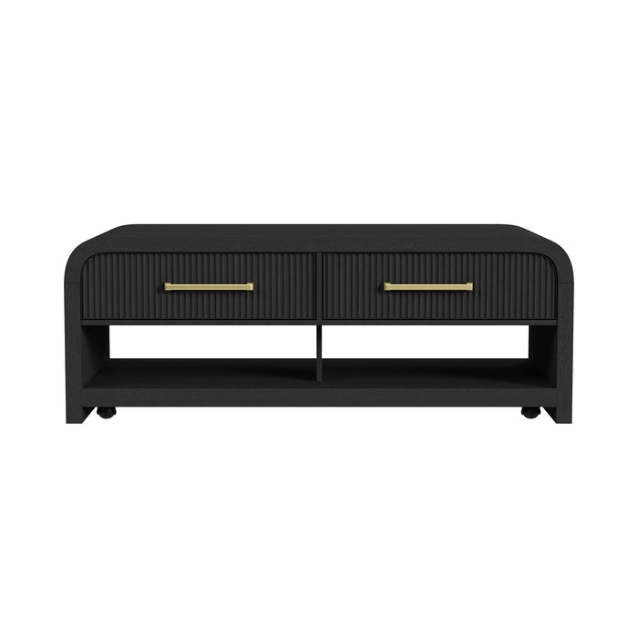 Ridgemont Coffee Table with Casters/Push Through Drawer in Black with Grain