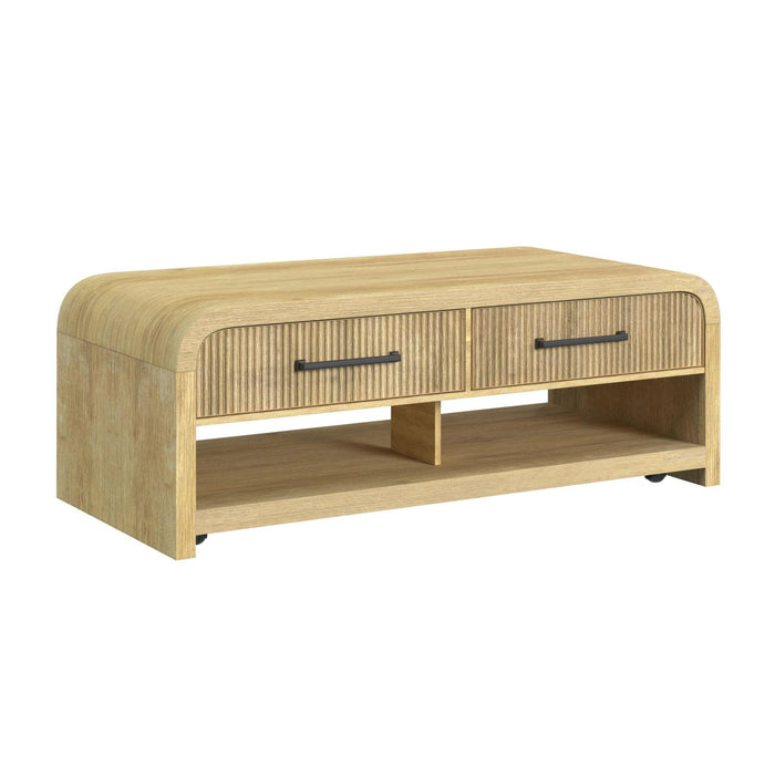 Ridgemont Coffee Table with Casters/Push Through Drawer in Natural